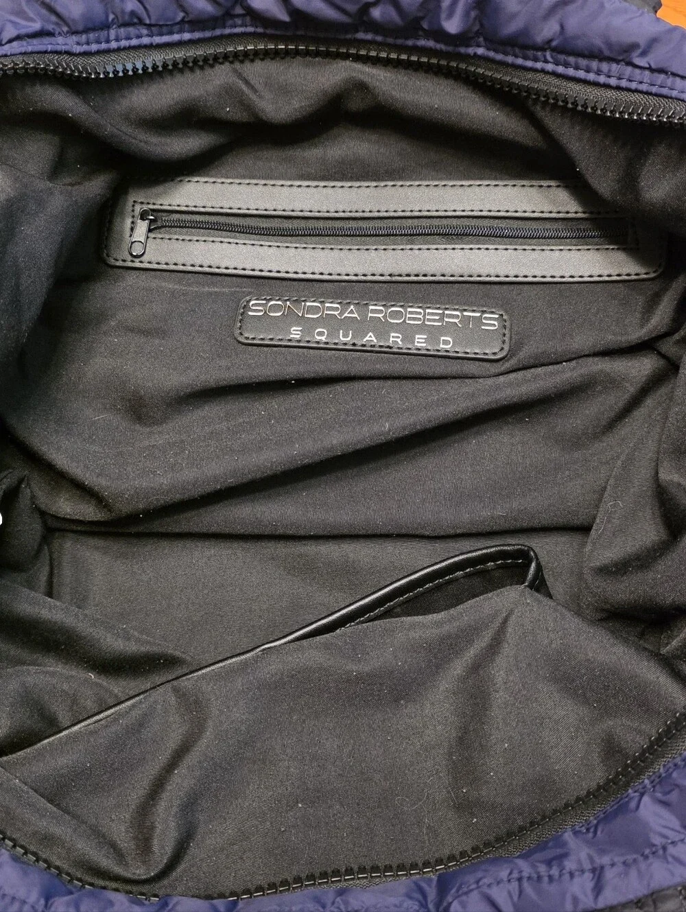 Sondra Roberts Squared Quilted Tote Bag, Navy and Black With Goldtone Hardware.